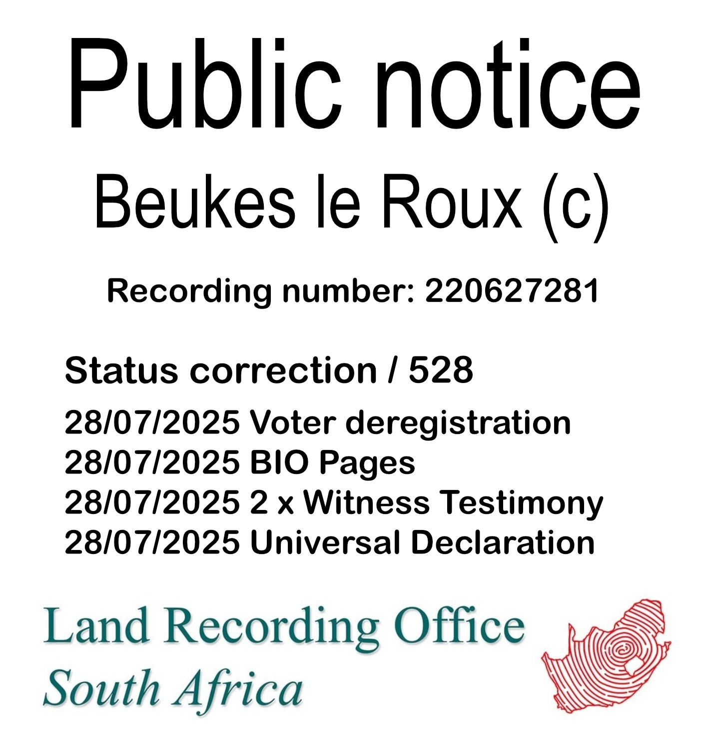 Public notice Beukes le Roux (c) Recording number 220627281